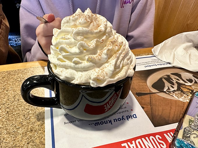 Holy whipped cream mountain! This hot chocolate isn't just a drink, it's a marshmallow-topped expedition. Grab a spoon and start climbing!