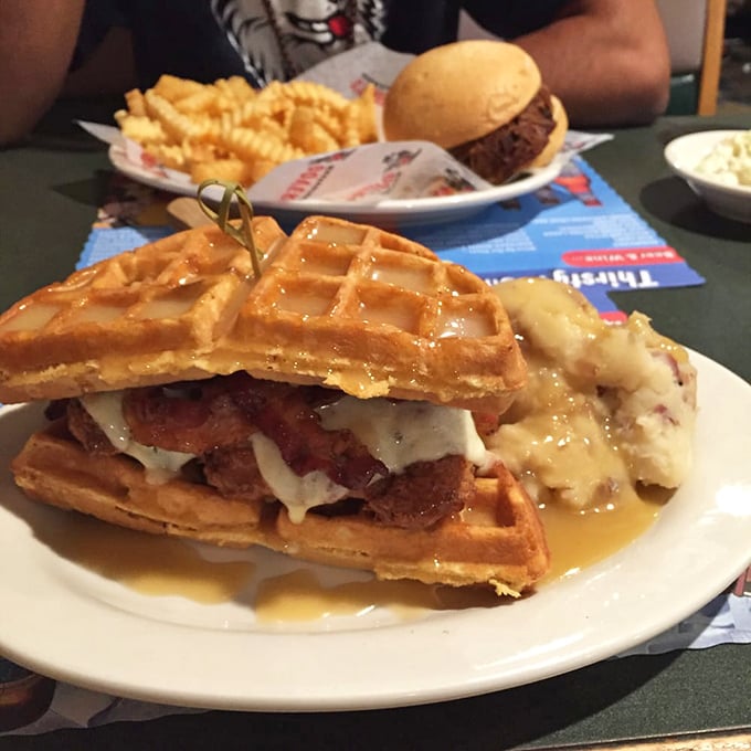 Behold, the chicken and waffle wonder! It's the breakfast-meets-dinner mashup you never knew you needed. Syrup or gravy? Why not both?