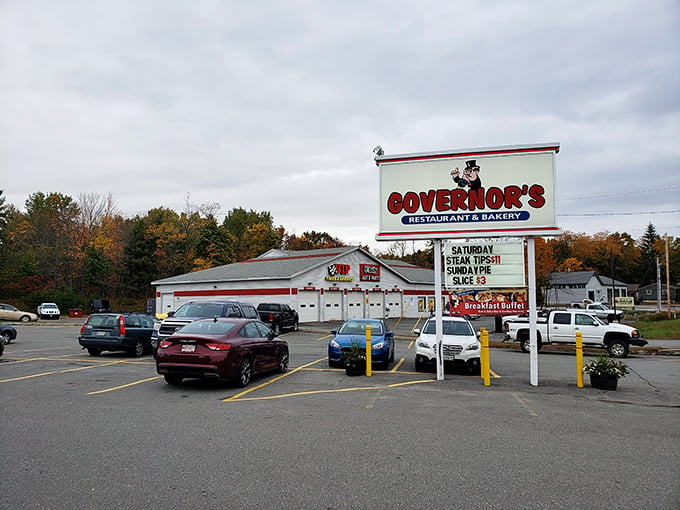 Park it right here for a slice of small-town charm. That sign's not lying – the steak tips are calling your name. Can you hear them?