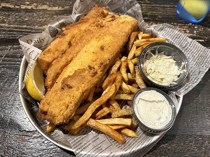 Golden, crispy, and ready for its close-up – this fish and chips is the Meryl Streep of fried seafood. Oscar-worthy crunch guaranteed!