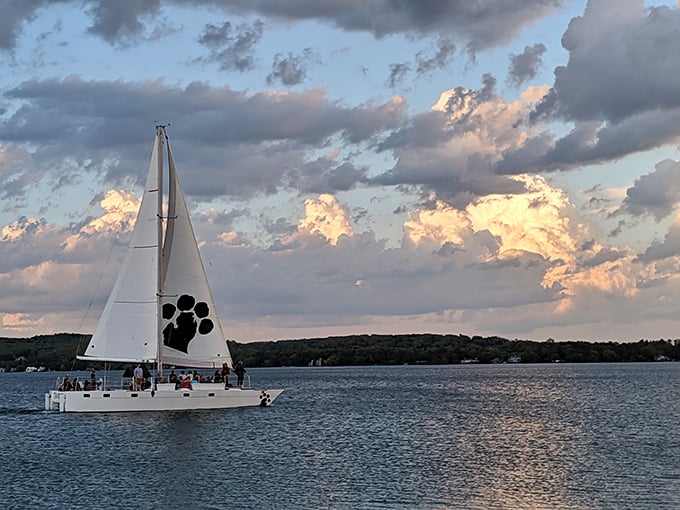 Sail away your worries! This picturesque sailboat scene is like a Bob Ross painting come to life.