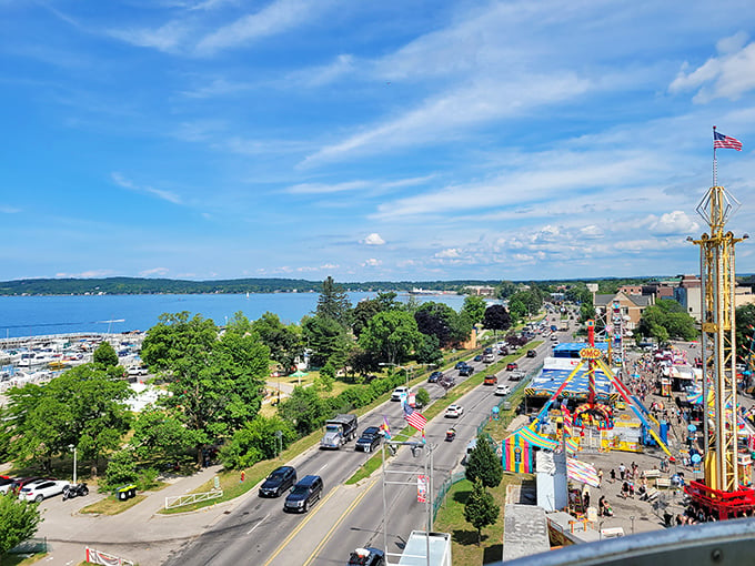 Bird's eye bliss! This panoramic view of Clinch Park showcases why it's the crown jewel of Traverse City's waterfront.