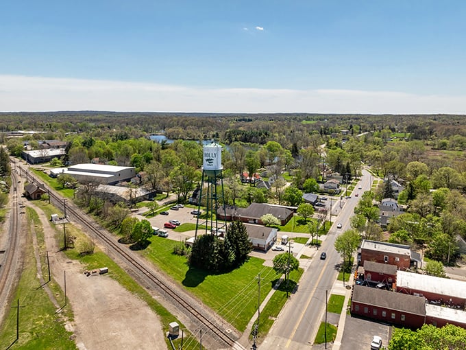 Holly from above – where small-town charm meets big-sky country. It's like someone shrunk a Norman Rockwell painting and added trees.