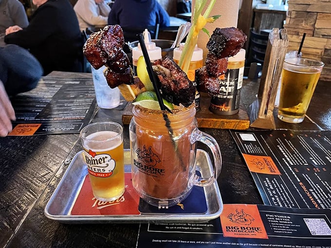 Holy smokes! This Bloody Mary isn't just a drink, it's a meal with a kick that'll wake you up and make you say "wow!"