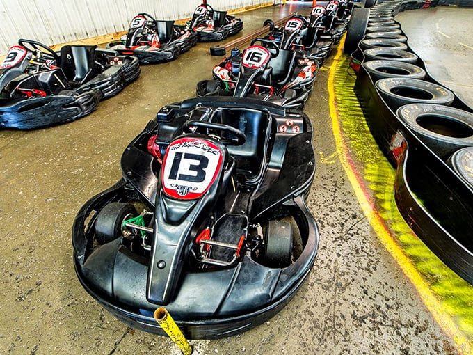 Lined up and ready to roll! These sleek machines are itching to hit the track faster than you can say 'I can't believe I fit in this thing!'