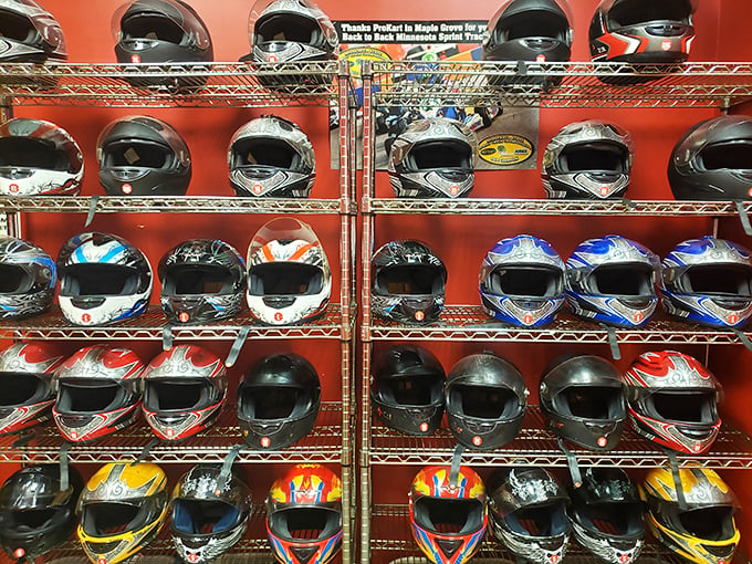 Choose your armor, road warrior! Each helmet tells a story – mostly of 'I hope I don't embarrass myself in front of the kids.'