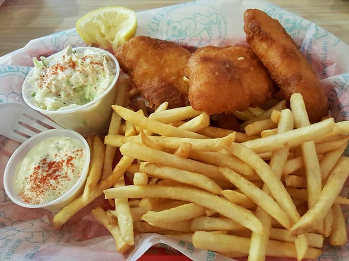 Fish and chips: The catch of the day, every day. Golden, crispy, and making you wonder why you don't live by the sea.