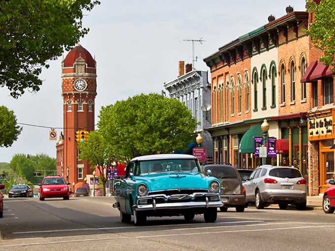 Classic cars and classic charm. A vintage ride cruises down Main Street, adding a touch of nostalgia to Chelsea's already timeless appeal.