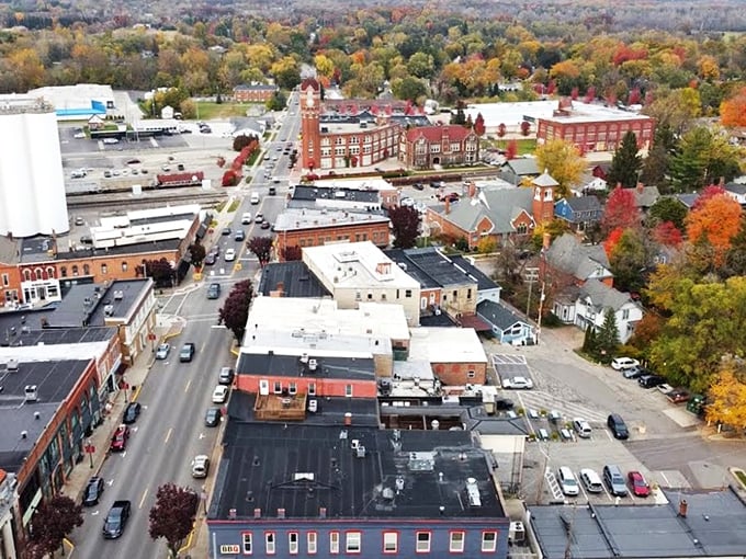 A bird's-eye view of small-town perfection. Chelsea unfolds like a storybook from above, its clocktower standing sentinel over a patchwork of history and modernity.