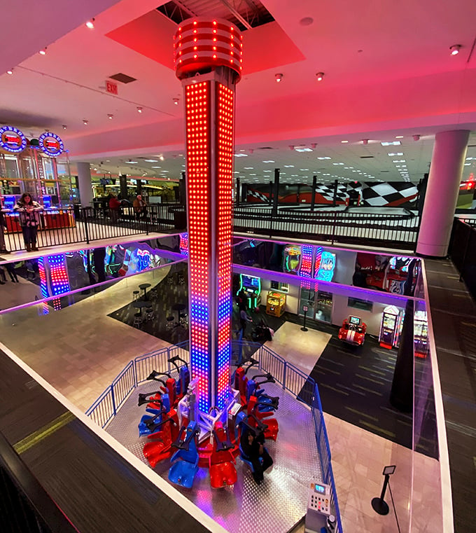 Going up? This dazzling drop tower is what I imagine the elevator to heaven looks like – if heaven were a disco inferno.