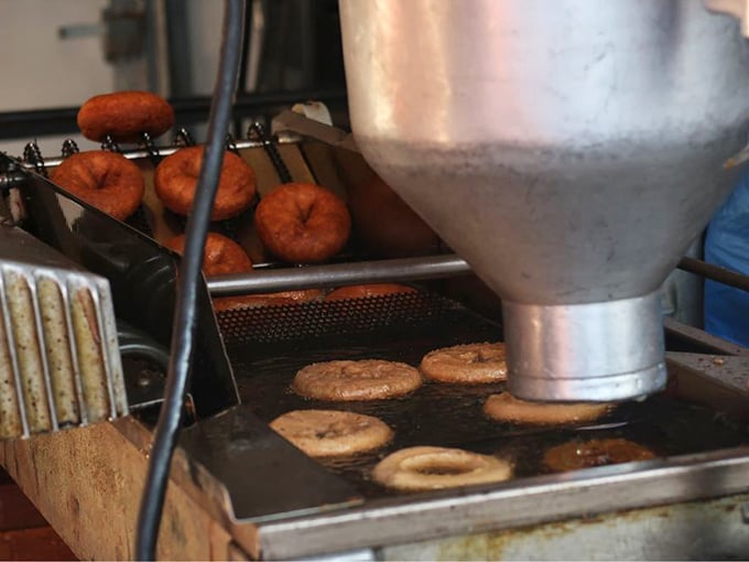 Donut magic in action! Watch as these circular delights take a bath in hot oil, emerging as crispy, cinnamon-sugar coated wonders.