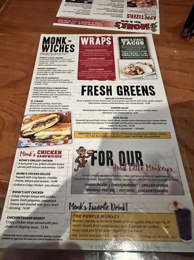 Decisions, decisions! Monk's menu is a tantalizing tapestry of temptation. From "Monk-wiches" to "Fresh Greens," there's something for every appetite.