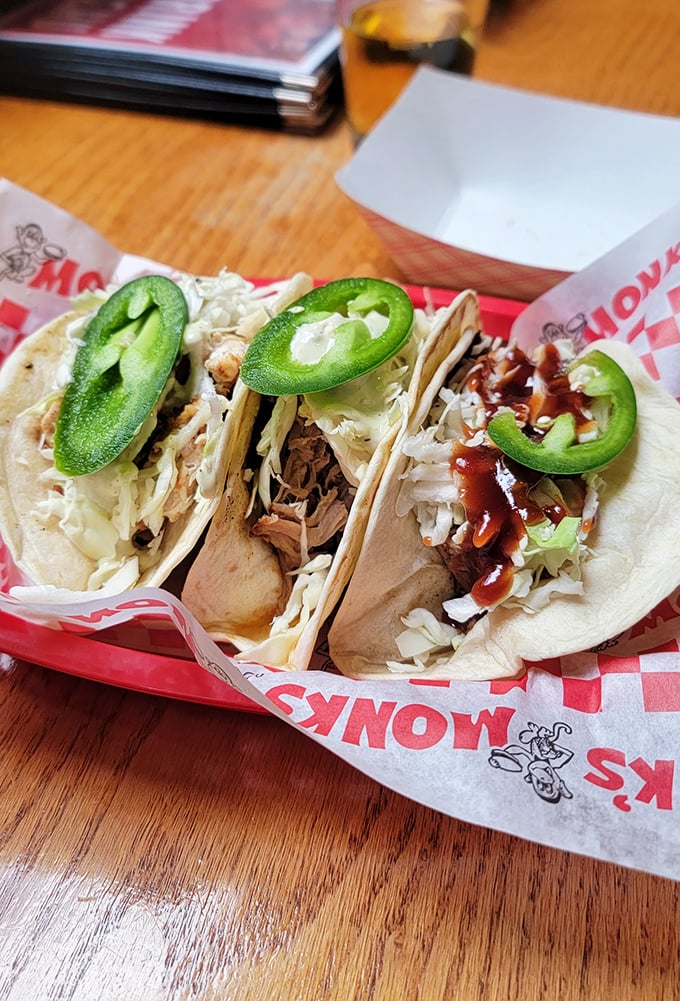 Taco 'bout delicious! Monk's street tacos bring a fiesta of flavors to your taste buds, topped with fresh jalapeños for those who like it spicy.