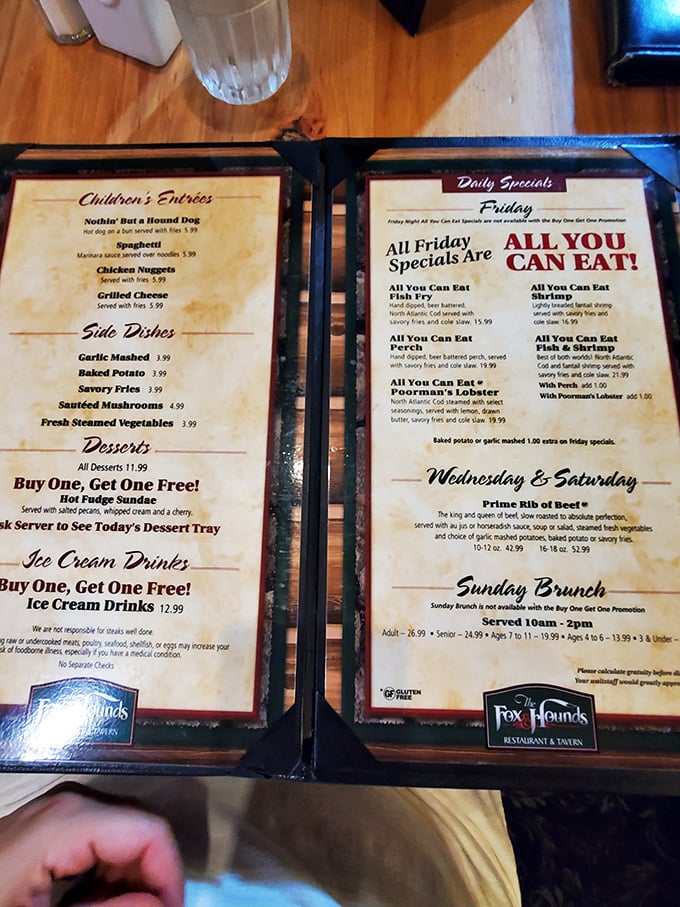 A menu that reads like a love letter to comfort food. Friday's all-you-can-eat specials? Challenge accepted!