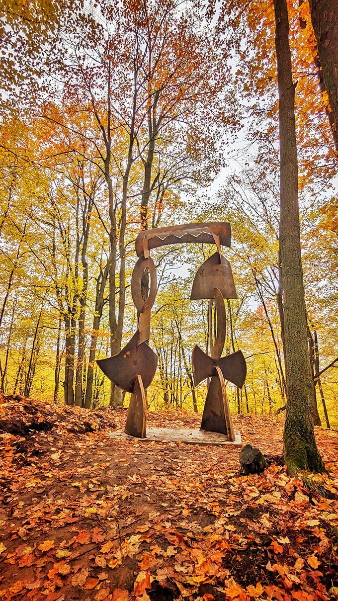 Autumn's palette meets artistic vision. This sculpture at Michigan Legacy Art Park is like a rusty Stonehenge for the Instagram age.