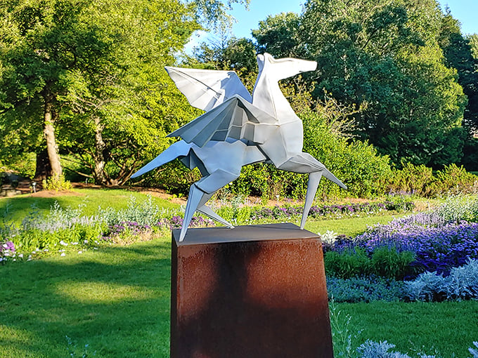 Part mythical creature, part modern marvel. This sculpture at Dow Gardens looks like it galloped straight out of a sci-fi origami book.