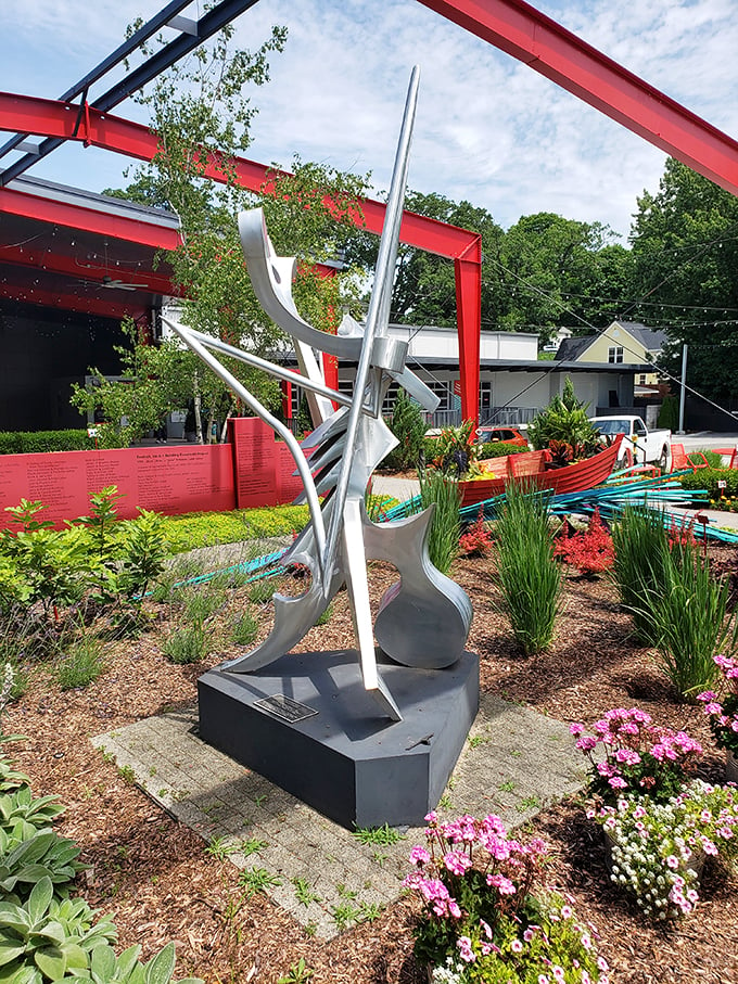 Red-hot art in a cool lakeside setting. This sculpture at Saugatuck Center for the Arts is like a metal flame dancing in the breeze.