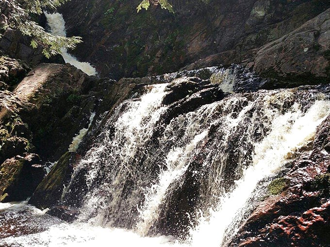 Morgan Falls: Where water does its best impression of a bridal veil. Something old (the rocks), something new (the constantly flowing water), something borrowed (the sunlight), something blue (the sky).