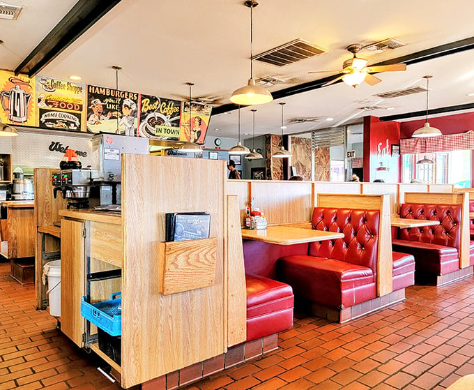 Step into a Norman Rockwell painting come to life. Red vinyl booths and retro signs transport you to a simpler time of endless coffee refills.