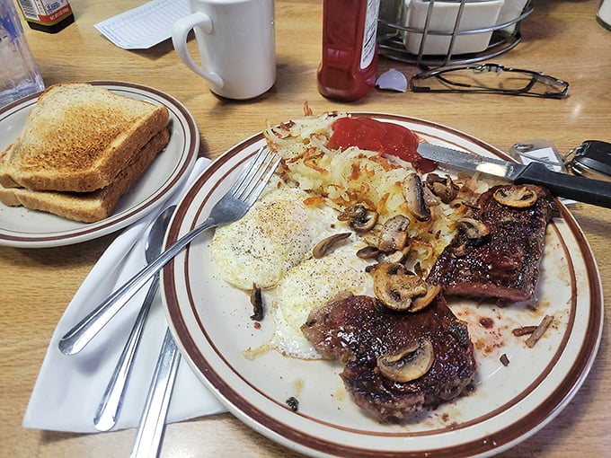 Steak and eggs: The dynamic duo of diner cuisine. It's what cowboys would eat if they traded their horses for vinyl booths.