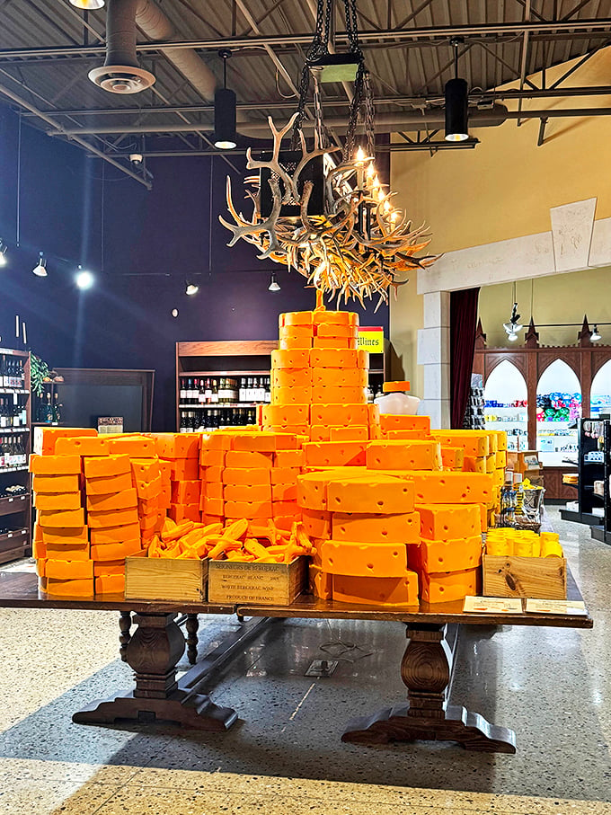 Behold the Great Wall of Cheddar! This impressive display is like a cheese lover's version of climbing Everest - a real bucket list moment. 