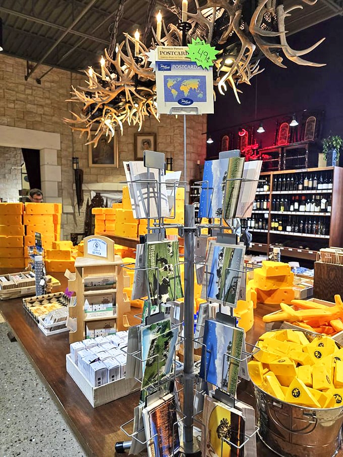 A treasure trove of postcards and cheese-themed souvenirs. Because nothing says 