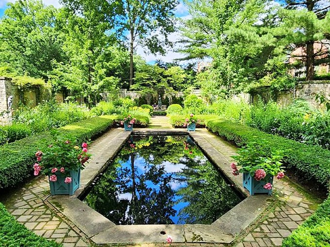 "Monet's muse in the Midwest!" This serene reflecting pool, surrounded by lush greenery, offers a moment of zen amidst the grandeur of Stan Hywet.