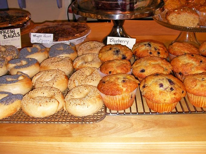 A battalion of bagels stands at attention, flanked by their trusty muffin sidekicks. It's carb heaven, and resistance is futile.