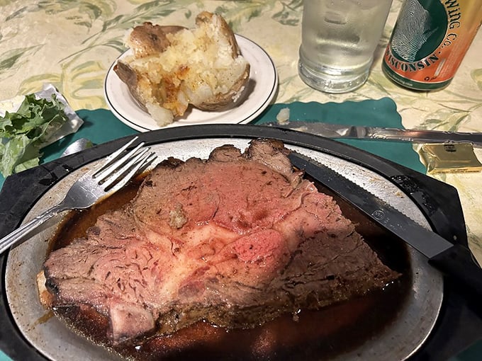 Behold the prime rib, a carnivore's dream come true. This juicy masterpiece could make even the most devoted vegetarian question their life choices.