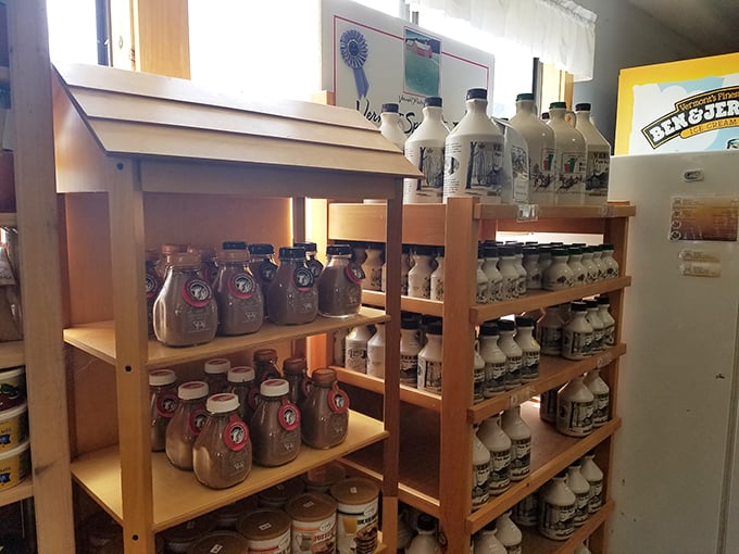 Liquid gold, Vermont-style. These shelves are stocked with more maple syrup than you can shake a pancake at. Breakfast will never be the same.