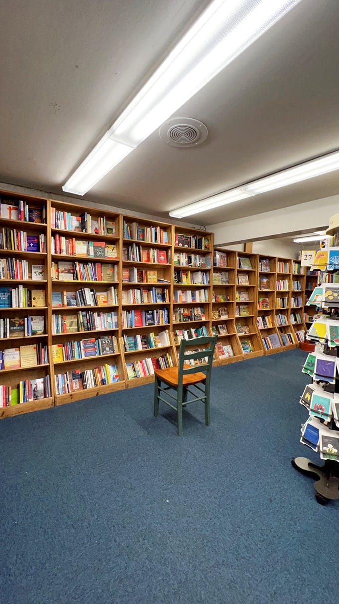 Shelves upon shelves of literary delights! This room is like a cozy cocoon for book lovers, with a lone chair inviting quiet contemplation.