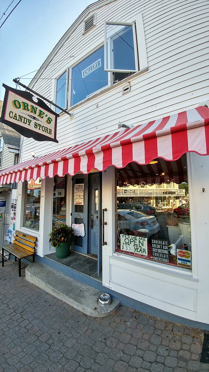 Red and white stripes signal sweet salvation ahead. It's like Santa's workshop, but for candy.