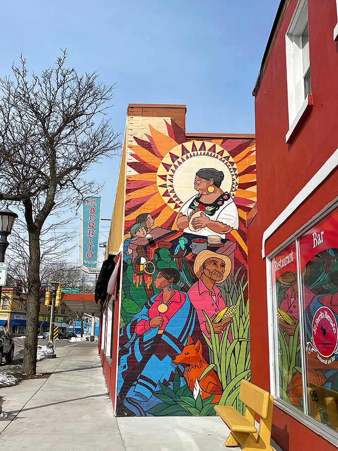 Holy guacamole! El Burrito Mercado's vibrant mural is a feast for the eyes, hinting at the flavor fiesta that awaits inside. Photo credit: El Burrito Mercado