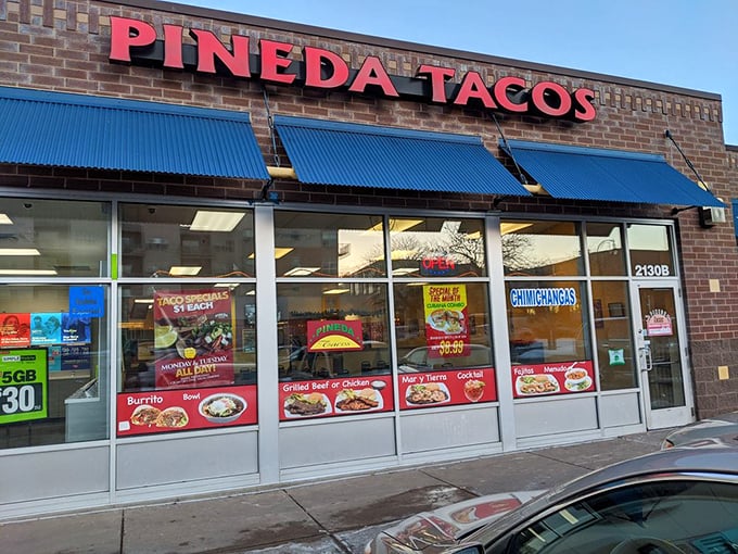 No frills, all thrills! Pineda Tacos' simple storefront hides a world of authentic flavors that'll have you coming back for round after round. Photo credit: Joshua N.