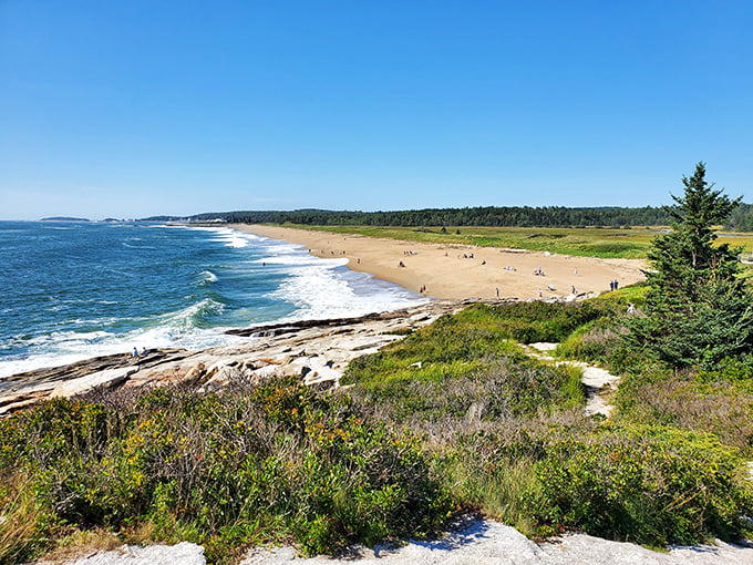 Road trip reward: miles of sandy shores! Let the sound of waves wash away the highway monotony.