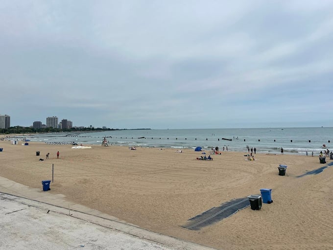 Urban oasis meets beach party central. The lake sparkles like a sequined cocktail dress, while the city skyline stands tall, refusing to be upstaged. 