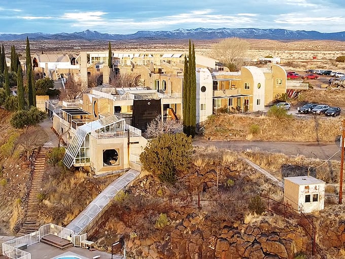 Tatooine, is that you? Arcosanti's unique structures blend seamlessly with the desert, creating a scene straight out of a galactic adventure.