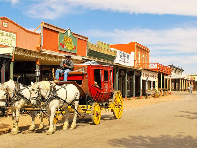 Giddy up to Tombstone! This stagecoach ride is smoother than a saloon whiskey, but watch out for bandits!