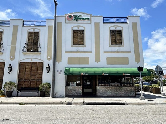 Havana's facade: A slice of Old World elegance in West Palm Beach. Step inside for a Cuban sandwich that's dressed to impress!