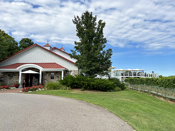 Red roofs, green vines, and blue skies. It's like the primary colors decided to have a reunion in wine country.