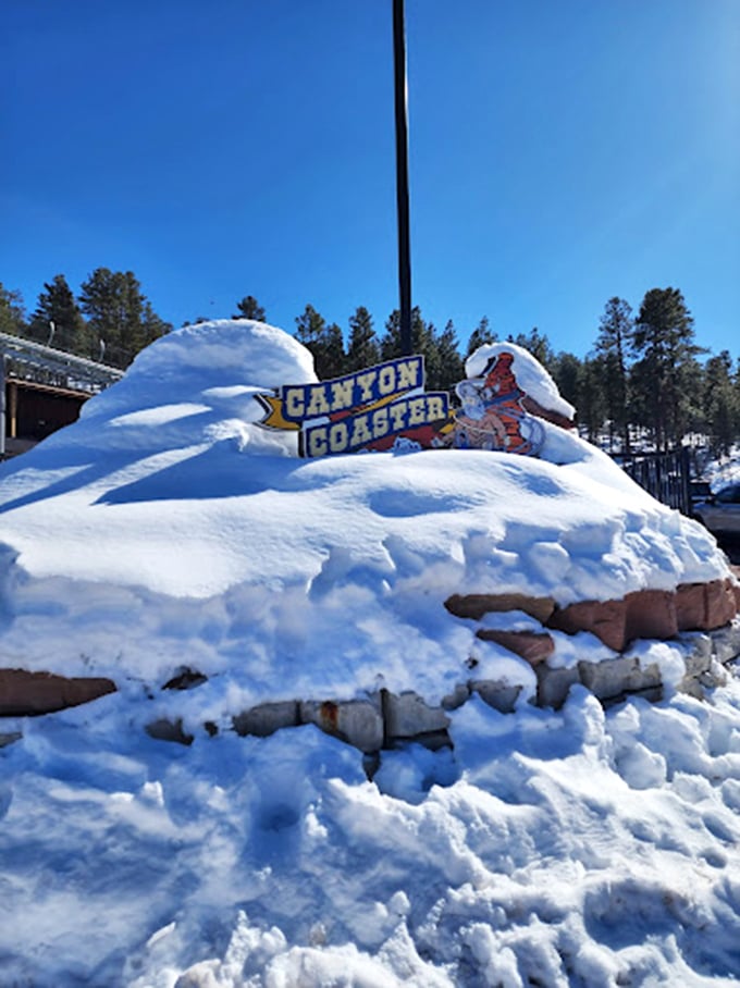 Forget the North Pole - Santa's new workshop is right here in Williams. The Canyon Coaster sign promises thrills for the young and young-at-heart.