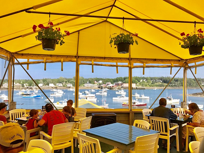 Happy diners soaking up sun, scenery, and seafood. It's like a Norman Rockwell painting, but with more lobster bibs.