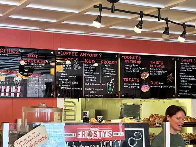 Choices, choices! This menu board is like a treasure map for your taste buds. X marks the spot for delectable donuts.