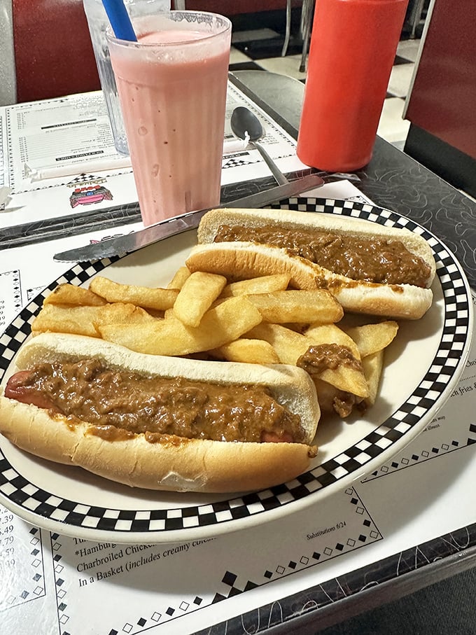 Coney dogs and fries, oh my! This plate is the stuff of legends – and probably a few napkins. Prepare for a delicious journey down memory lane.