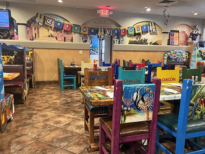 Technicolor taco dream! This dining area is brighter than my future after winning the lottery.