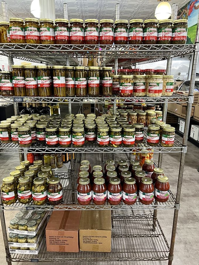 Pickle paradise! Gonella's shelves are a testament to the art of preservation, offering a jarred journey through Italian flavors.