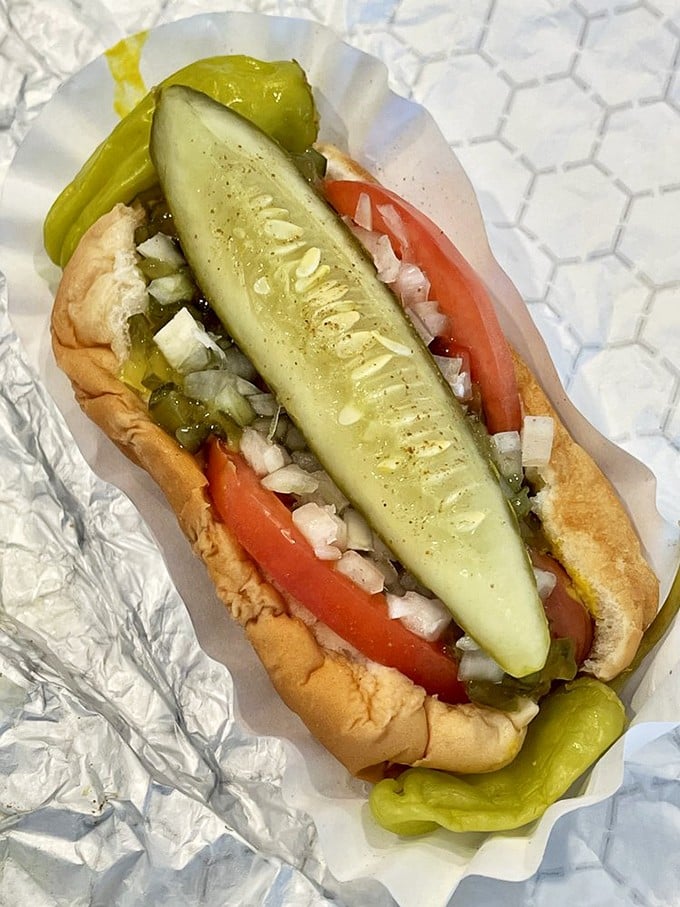 The Chicago Dog: a work of art on a bun. It's like the Mona Lisa, if Leonardo da Vinci had a thing for pickles and sport peppers.