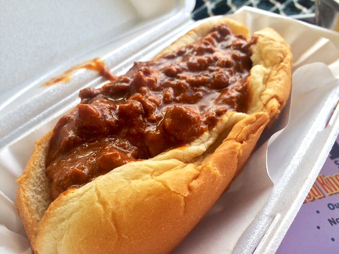 Chili dog alert! This bad boy is messier than a toddler's finger painting, but infinitely more delicious. Napkins are your new best friend.