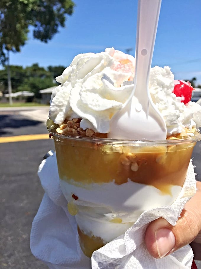 The Pineapple Caramel Sundae: a tropical vacation in a cup. It's like Hawaii and a candy shop had a delicious baby.