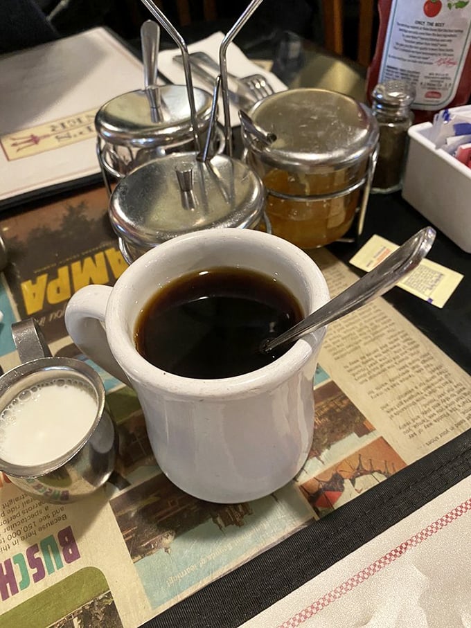 The elixir of life, diner-style. This cup of joe promises to turn any zombie-like morning person into a functioning human being.